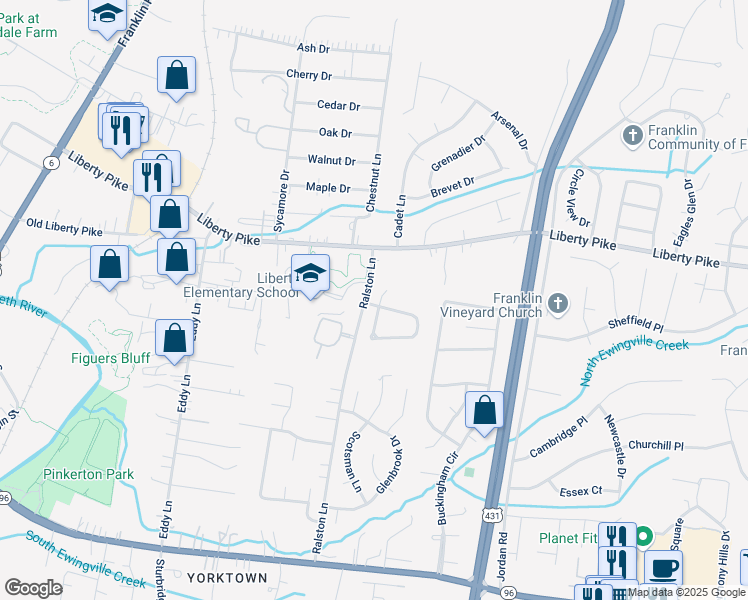 map of restaurants, bars, coffee shops, grocery stores, and more near 299 Granger View Circle in Franklin