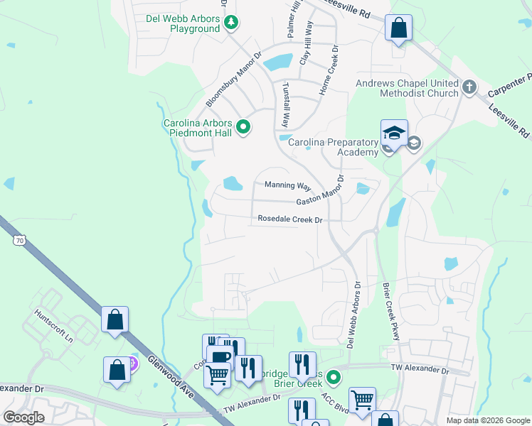 map of restaurants, bars, coffee shops, grocery stores, and more near 147 Rosedale Creek Drive in Durham