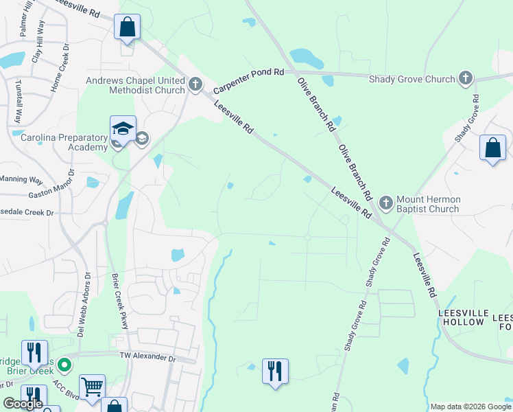 map of restaurants, bars, coffee shops, grocery stores, and more near 7012 Leesville Road in Durham