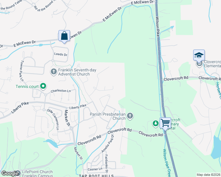 map of restaurants, bars, coffee shops, grocery stores, and more near 1267 Habersham Way in Franklin