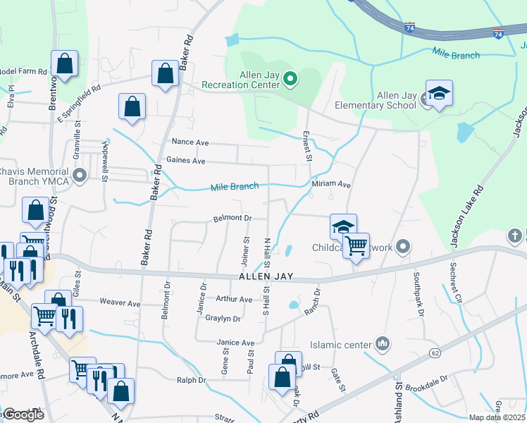 map of restaurants, bars, coffee shops, grocery stores, and more near 198 North Hall Street in High Point