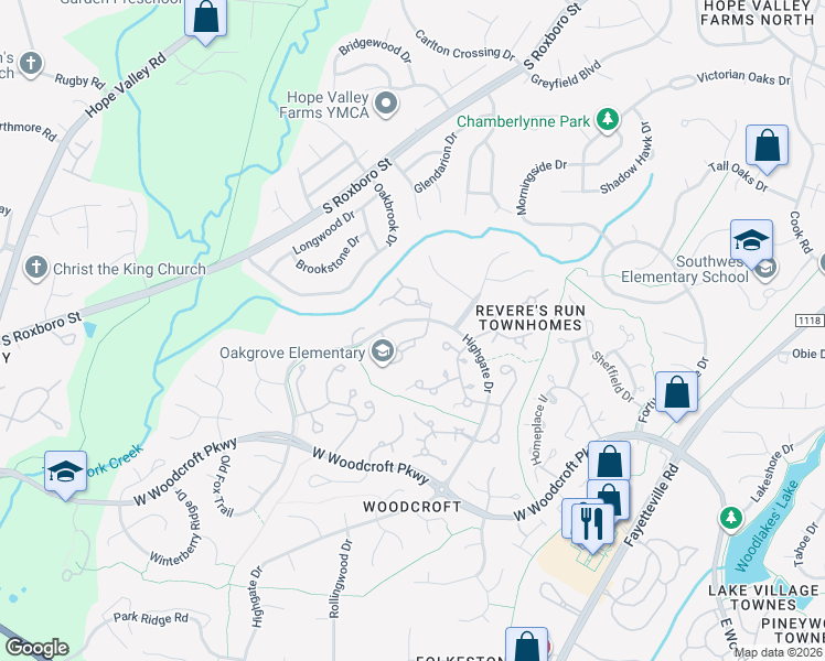 map of restaurants, bars, coffee shops, grocery stores, and more near 3805 Chimney Ridge Place in Durham