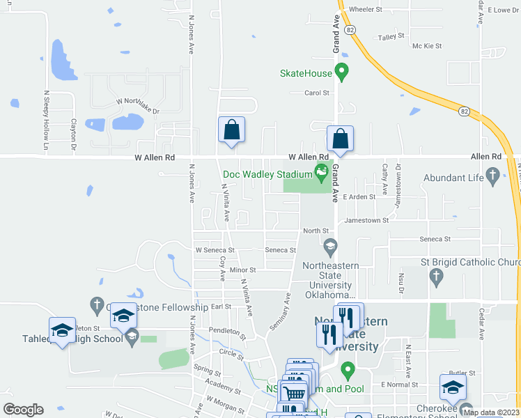 map of restaurants, bars, coffee shops, grocery stores, and more near 1200 Trimble Avenue in Tahlequah