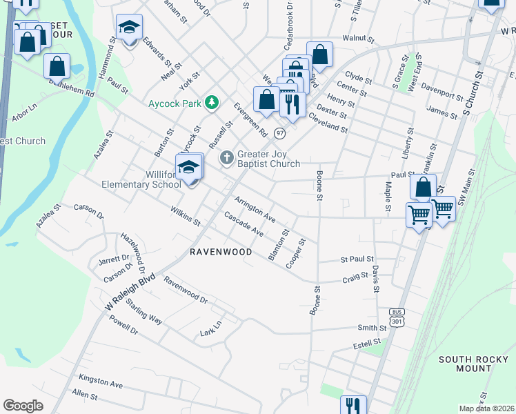 map of restaurants, bars, coffee shops, grocery stores, and more near 529 Arrington Avenue in Rocky Mount