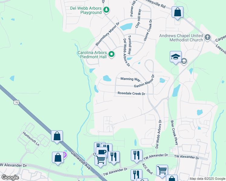 map of restaurants, bars, coffee shops, grocery stores, and more near 202 Rosedale Creek Drive in Durham