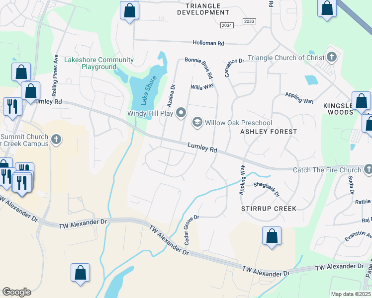 map of restaurants, bars, coffee shops, grocery stores, and more near 3501 Skybrook Lane in Durham