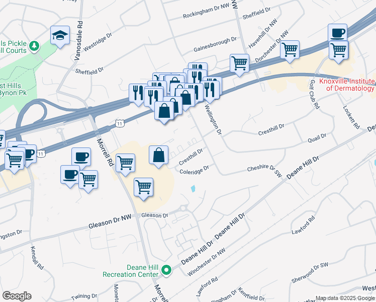 map of restaurants, bars, coffee shops, grocery stores, and more near 7317 Cresthill Drive in Knoxville