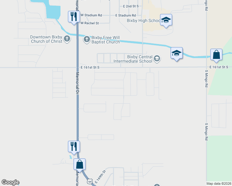 map of restaurants, bars, coffee shops, grocery stores, and more near 8403 East 164th Street South in Bixby