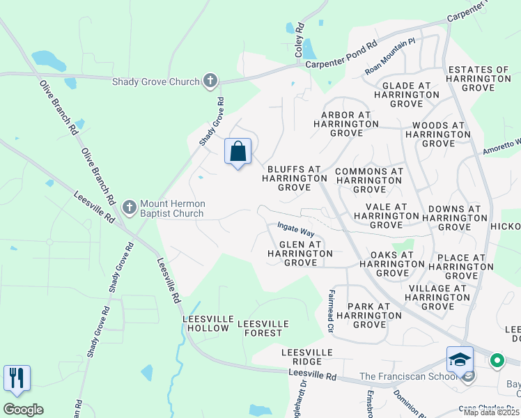 map of restaurants, bars, coffee shops, grocery stores, and more near 12116 North Exeter Way in Raleigh