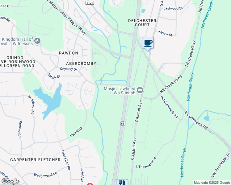 map of restaurants, bars, coffee shops, grocery stores, and more near 1007 Badlands Street in Durham