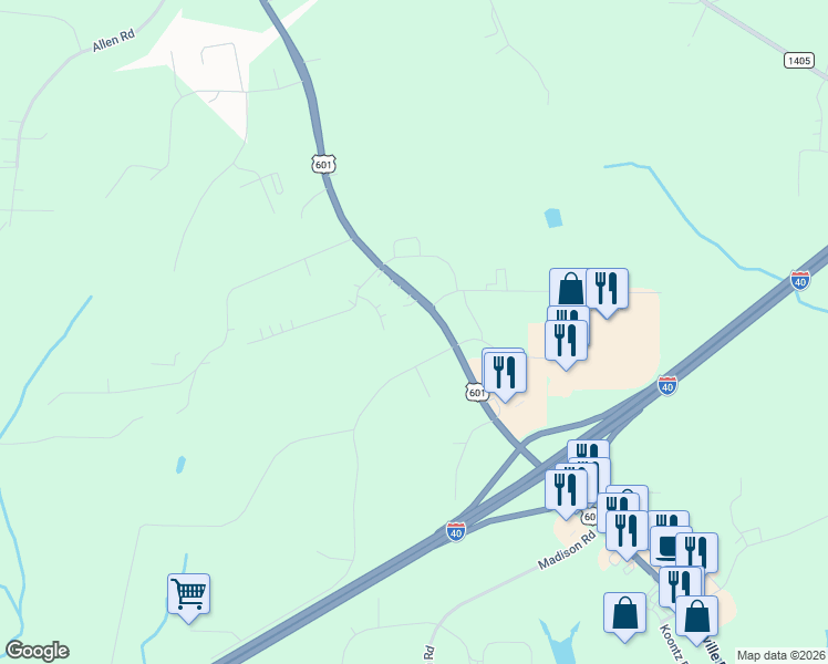 map of restaurants, bars, coffee shops, grocery stores, and more near 1765 U.S. 601 in Mocksville
