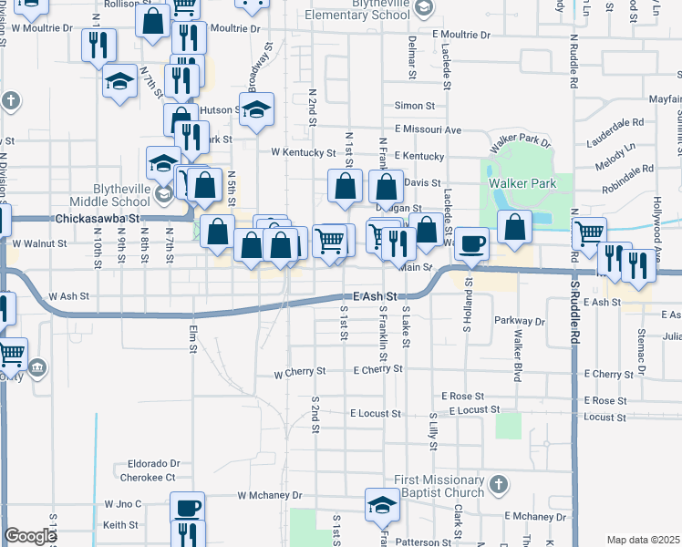 map of restaurants, bars, coffee shops, grocery stores, and more near 100-198 N 1st St in Blytheville