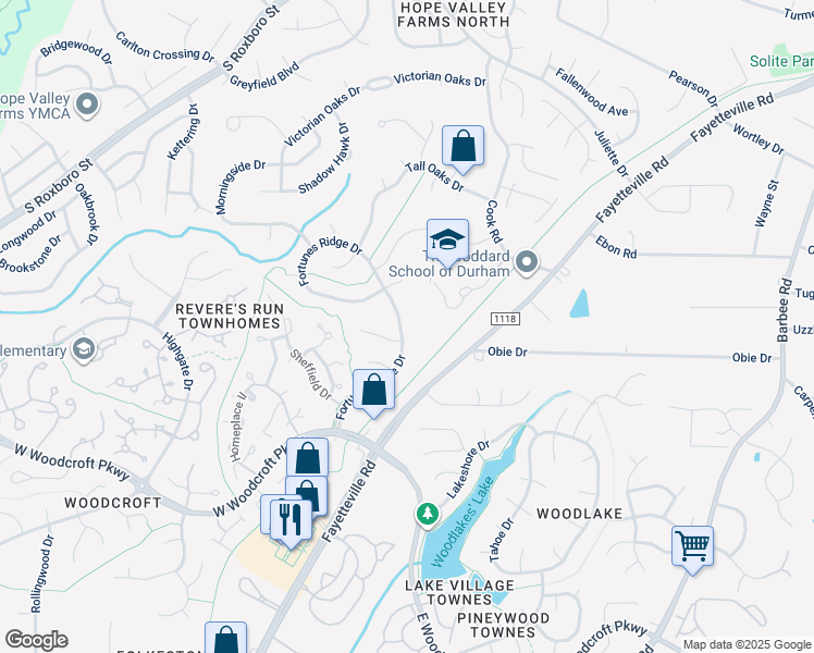 map of restaurants, bars, coffee shops, grocery stores, and more near 5317 Fortunes Ridge Drive in Durham