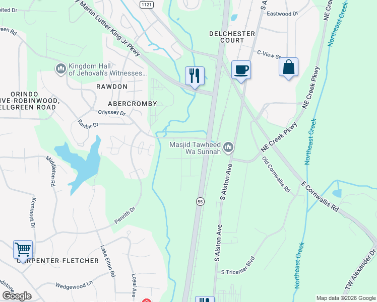 map of restaurants, bars, coffee shops, grocery stores, and more near 1007 Badlands Street in Durham