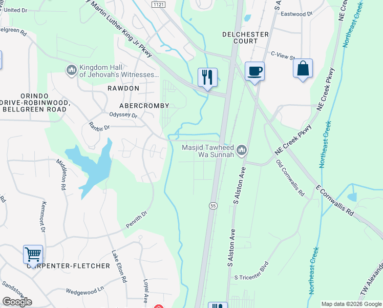 map of restaurants, bars, coffee shops, grocery stores, and more near 1007 Badlands Street in Durham