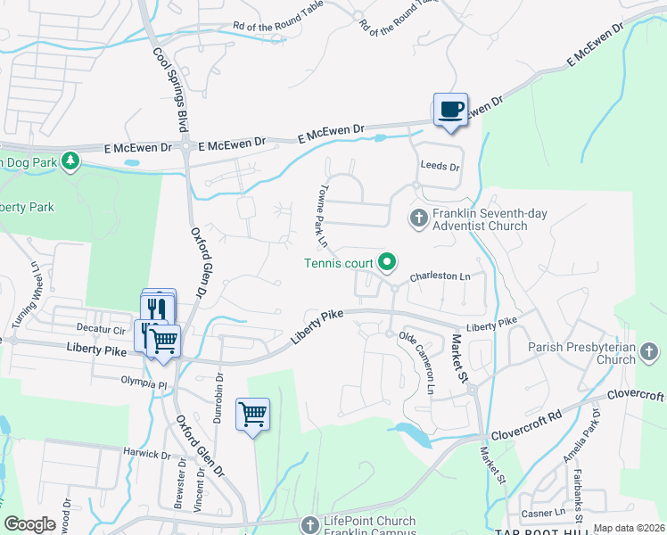 map of restaurants, bars, coffee shops, grocery stores, and more near 1600 Flanders Court in Franklin