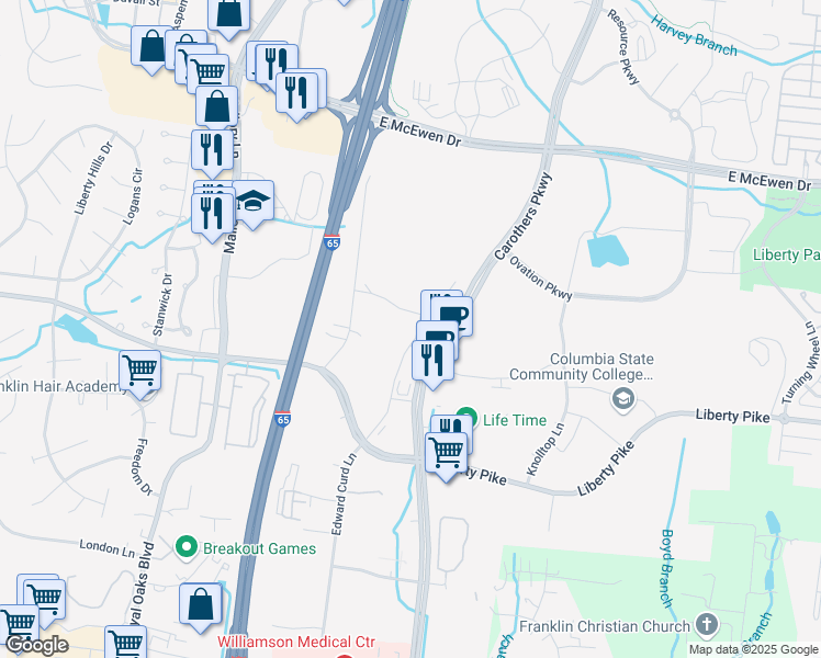 map of restaurants, bars, coffee shops, grocery stores, and more near Carothers Parkway in Franklin