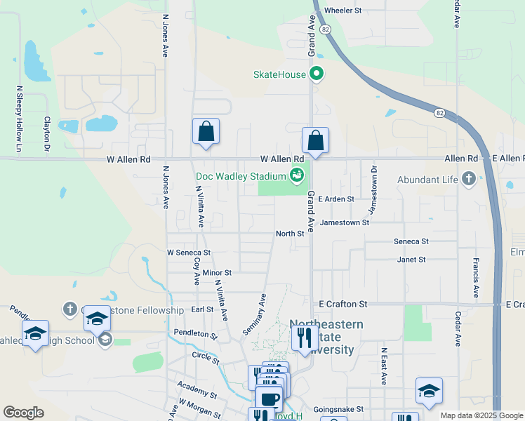 map of restaurants, bars, coffee shops, grocery stores, and more near 205 Berry Street in Tahlequah