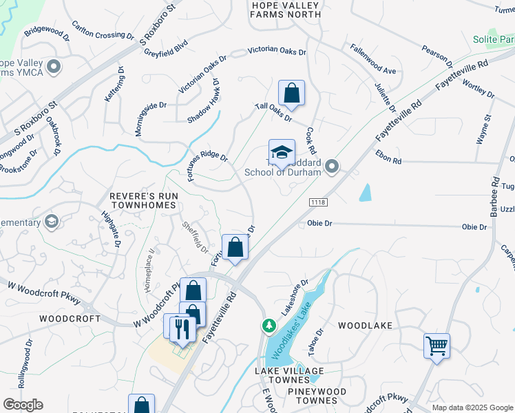 map of restaurants, bars, coffee shops, grocery stores, and more near 5317 Fortunes Ridge Drive in Durham