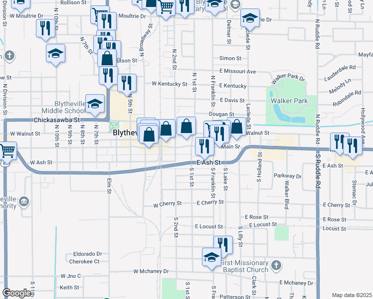 map of restaurants, bars, coffee shops, grocery stores, and more near 198 North 1st Street in Blytheville
