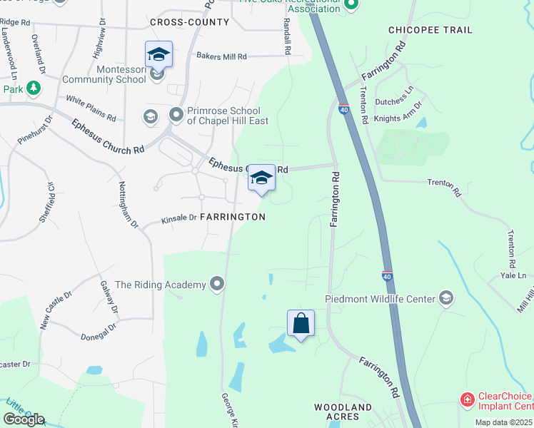 map of restaurants, bars, coffee shops, grocery stores, and more near 5321 Ephesus Church Road in Durham