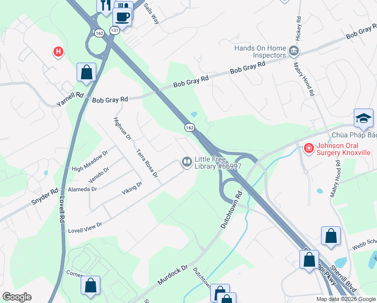 map of restaurants, bars, coffee shops, grocery stores, and more near 1040 Blinken Street in Knoxville