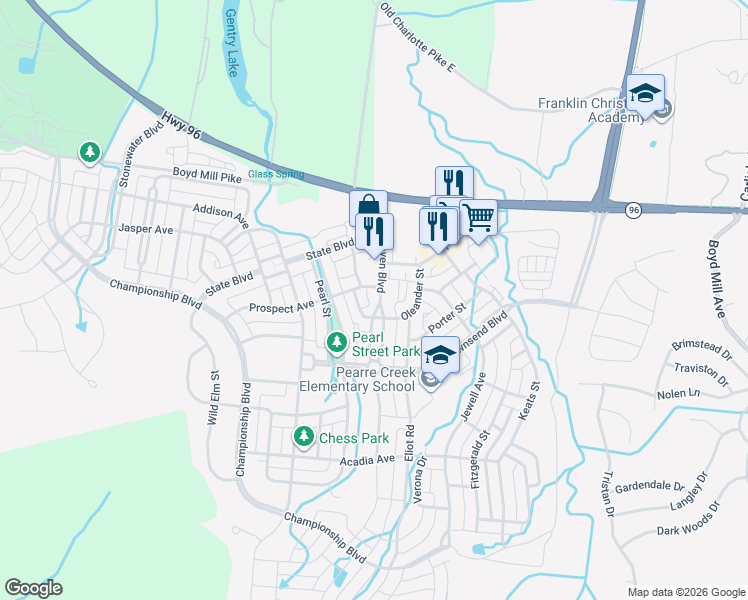 map of restaurants, bars, coffee shops, grocery stores, and more near 1129 Westhaven Boulevard in Franklin