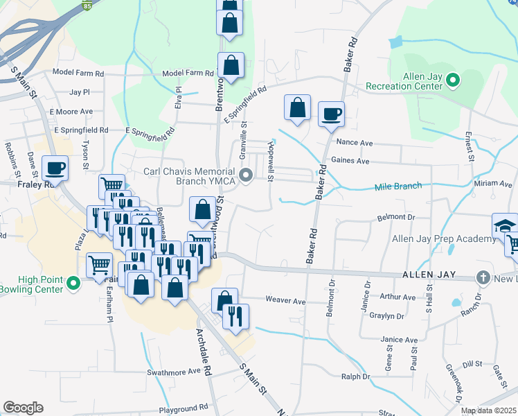 map of restaurants, bars, coffee shops, grocery stores, and more near 474 Wadsworth Court in High Point