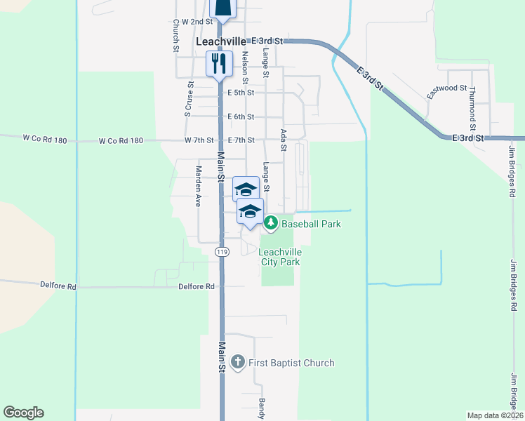 map of restaurants, bars, coffee shops, grocery stores, and more near 1004 Lange Street in Leachville