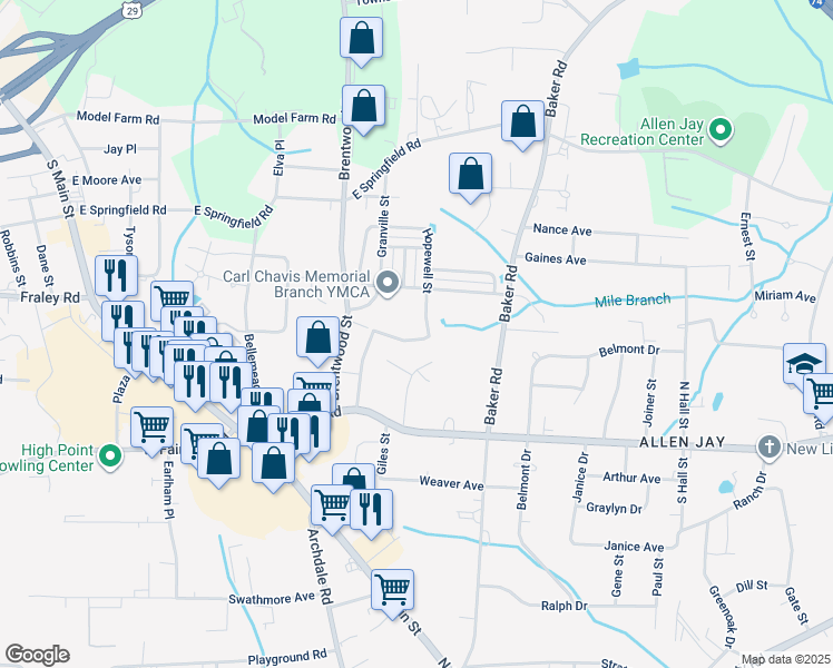 map of restaurants, bars, coffee shops, grocery stores, and more near 482 Wadsworth Court in High Point