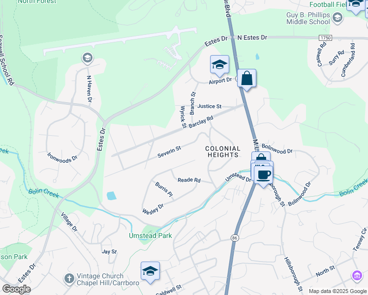 map of restaurants, bars, coffee shops, grocery stores, and more near 230 Severin Street in Chapel Hill