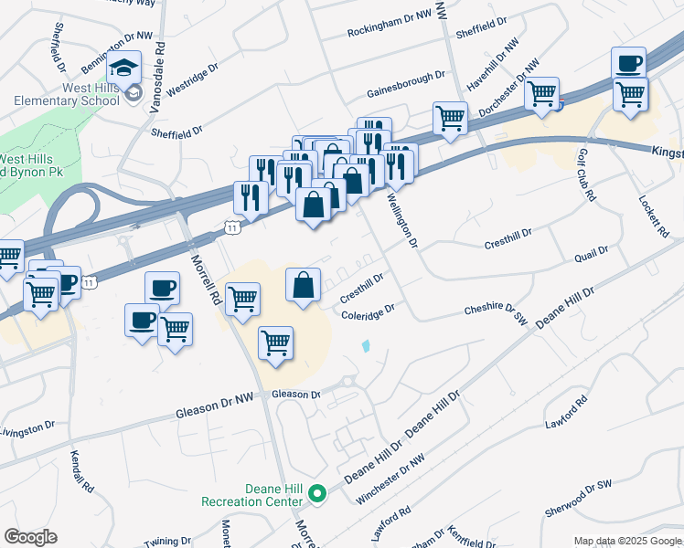 map of restaurants, bars, coffee shops, grocery stores, and more near 7317 Cresthill Drive in Knoxville