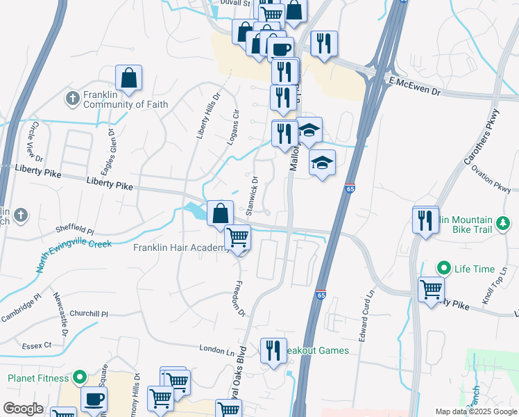 map of restaurants, bars, coffee shops, grocery stores, and more near 617 Huffine Manor Circle in Franklin