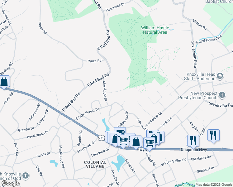 map of restaurants, bars, coffee shops, grocery stores, and more near 515 Post Oak Lane in Knoxville
