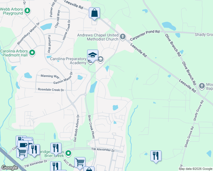 map of restaurants, bars, coffee shops, grocery stores, and more near 1110 Meadow Pond Drive in Durham