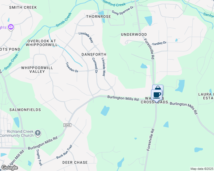 map of restaurants, bars, coffee shops, grocery stores, and more near 9017 Linslade Way in Wake Forest