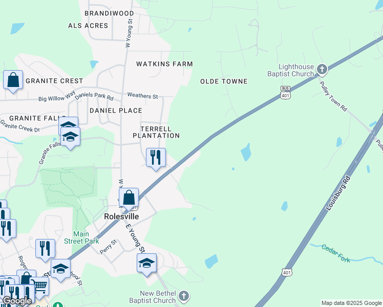 map of restaurants, bars, coffee shops, grocery stores, and more near 407 North Main Street in Rolesville