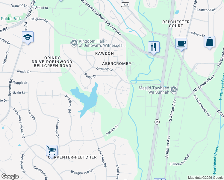 map of restaurants, bars, coffee shops, grocery stores, and more near 5214 Penrith Drive in Durham