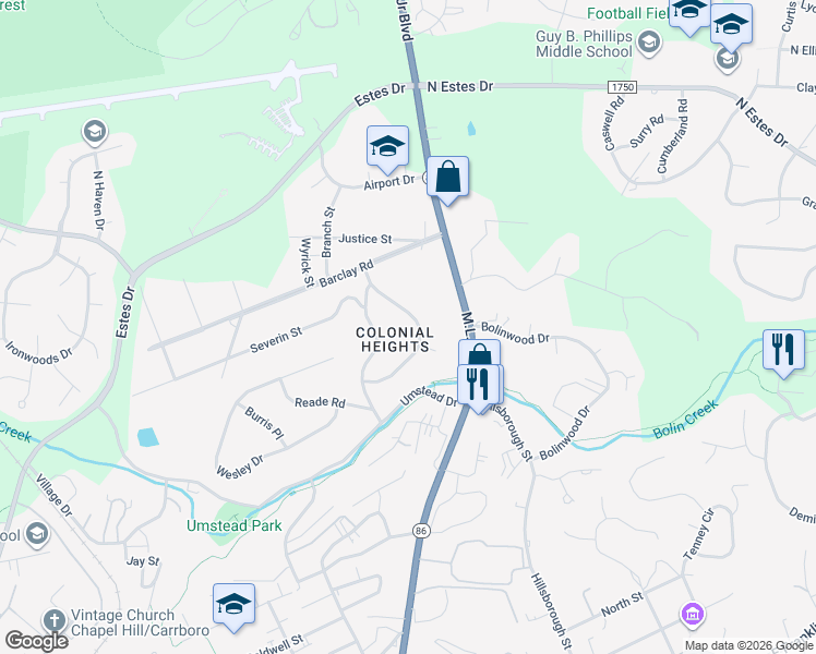 map of restaurants, bars, coffee shops, grocery stores, and more near 728 Williams Circle in Chapel Hill