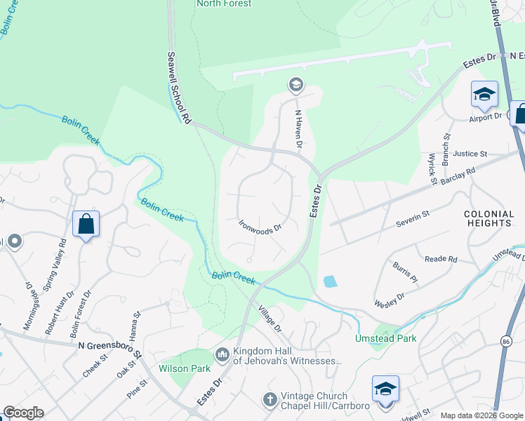 map of restaurants, bars, coffee shops, grocery stores, and more near 116 Hampshire Place in Chapel Hill