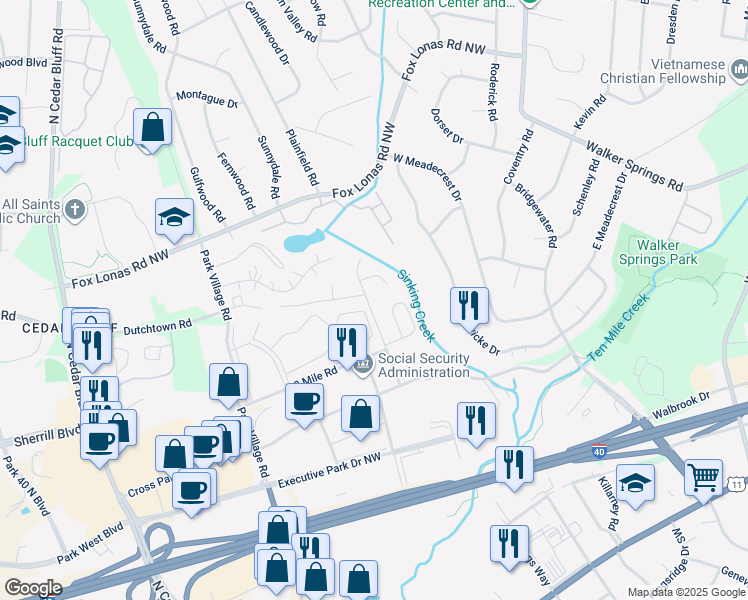 map of restaurants, bars, coffee shops, grocery stores, and more near 9004 Creekside Lane Northwest in Knoxville