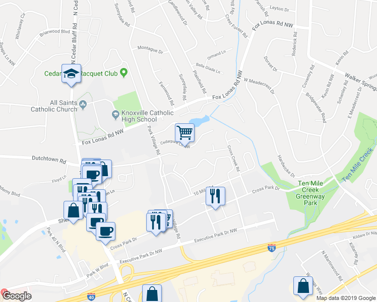 map of restaurants, bars, coffee shops, grocery stores, and more near in Knoxville