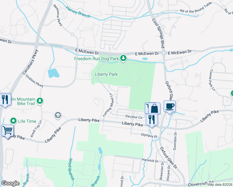 map of restaurants, bars, coffee shops, grocery stores, and more near 1110 Park Run Drive in Franklin