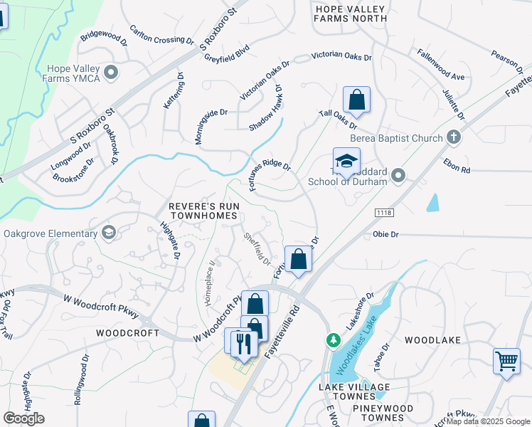 map of restaurants, bars, coffee shops, grocery stores, and more near 5500 Fortunes Ridge Drive in Durham