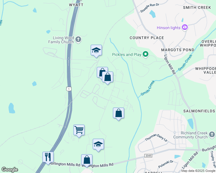 map of restaurants, bars, coffee shops, grocery stores, and more near 5107 Unicon Drive in Wake Forest