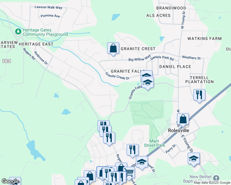 map of restaurants, bars, coffee shops, grocery stores, and more near 404 Adkins Ridge Road in Rolesville