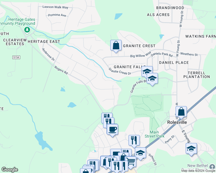 map of restaurants, bars, coffee shops, grocery stores, and more near 452 Adkins Ridge Road in Rolesville
