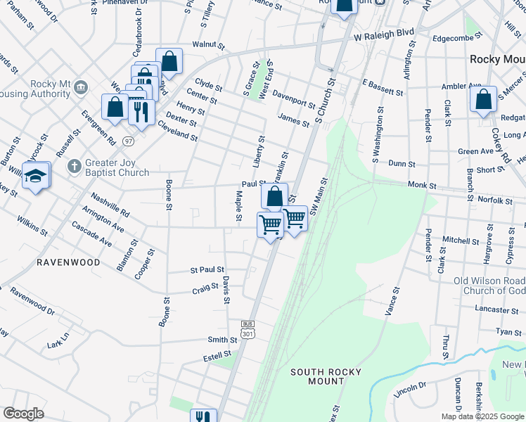 map of restaurants, bars, coffee shops, grocery stores, and more near 1336 South Franklin Street in Rocky Mount