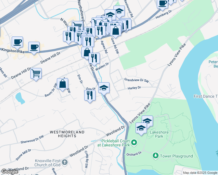 map of restaurants, bars, coffee shops, grocery stores, and more near 6017 Grace Lane in Knoxville