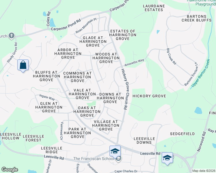map of restaurants, bars, coffee shops, grocery stores, and more near 12204 Harcourt Drive in Raleigh